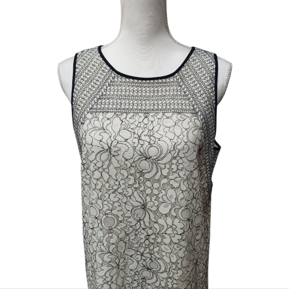 Loft Cream Sleeveless Shift Sheath Dress with Black Lace Overlay Classic Size 12 - Picture 3 of 12